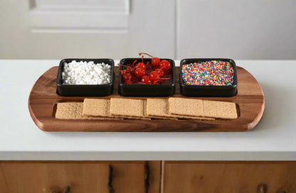 Charcuterie / Serving Tray w/ 3 Square Ceramic Bowls, Black - Kalmar Home acacia wood serving platter