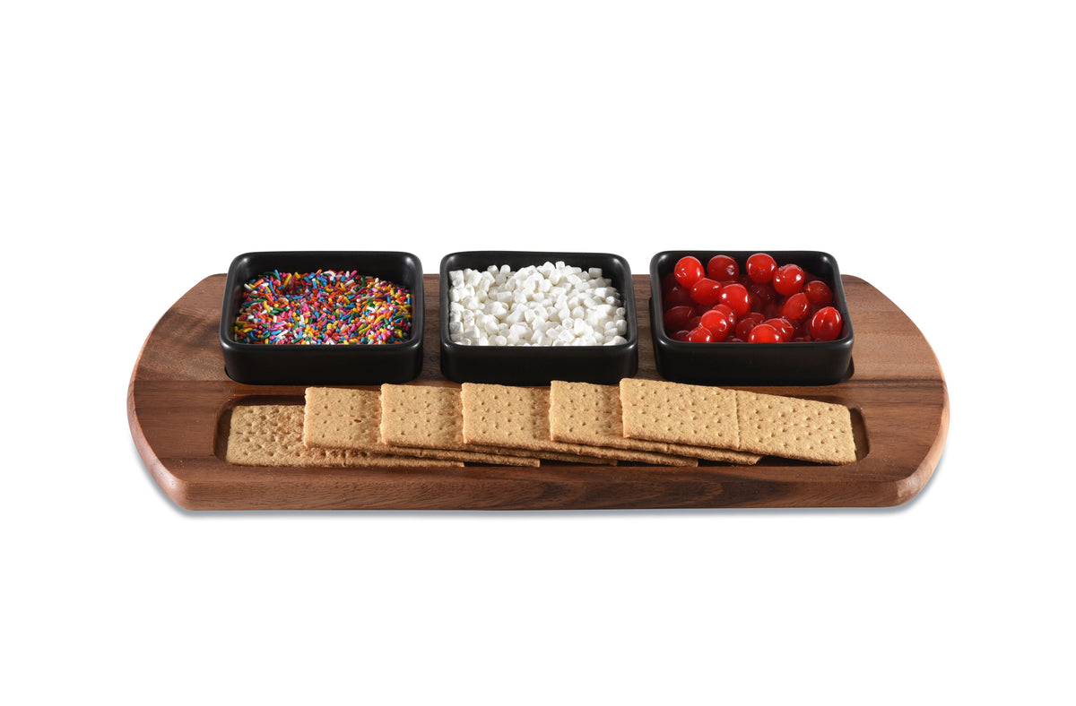 Charcuterie / Serving Tray w/ 3 Square Ceramic Bowls - Kalmar Home acacia wood serving platter, view 5
