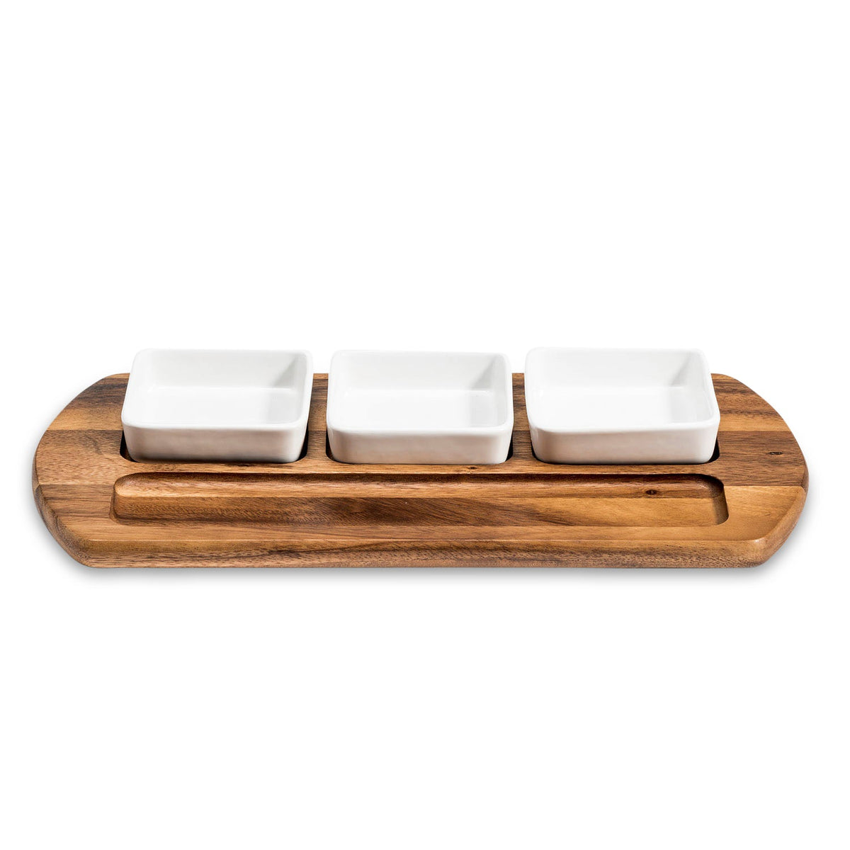 Charcuterie / Serving Tray w/ 3 Square Ceramic Bowls - Kalmar Home acacia wood serving platter, view 2