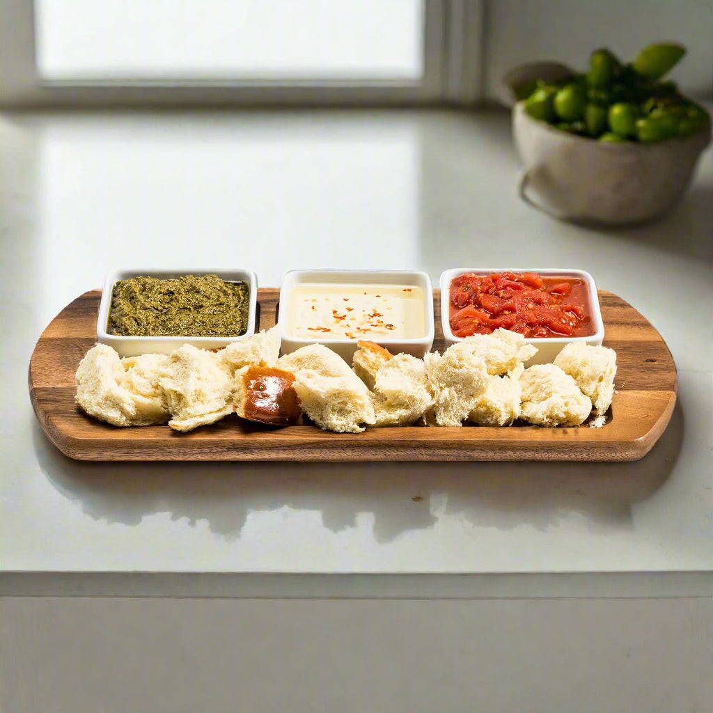 Charcuterie / Serving Tray w/ 3 Square Ceramic Bowls, White - Kalmar Home acacia wood serving platter