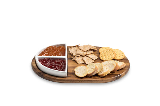Charcuterie / Serving Tray w/ 2 Triangular Ceramic Bowls, white - Kalmar Home acacia wood serving platter