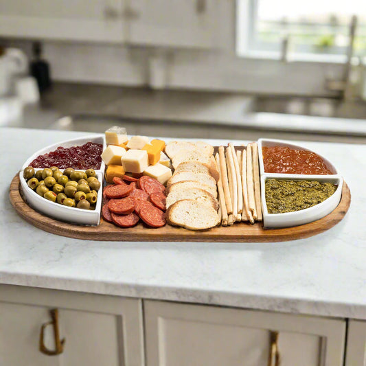 Charcuterie / Serving Tray w/ 4 Triangular Ceramic Bowls, White - Kalmar Home acacia wood serving platter