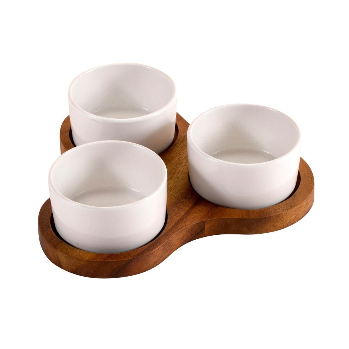 Triangular Serving Set with 3 Ceramic Dishes - White - Kalmar Home acacia wood serving platter, view 4