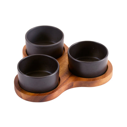 Triangular Serving Set with 3 Ceramic Dishes - White - Kalmar Home acacia wood serving platter, view 2