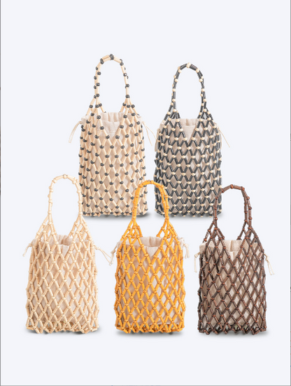 Hand woven bag niche design high end wooden bead bag handmade DIY beaded handbag female summer