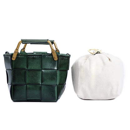 New Trendy Women Mini Calf Skin Leather Woven Clutches Basket Bag  Female Plaid Square Handbag Luxury Copy Crossbody