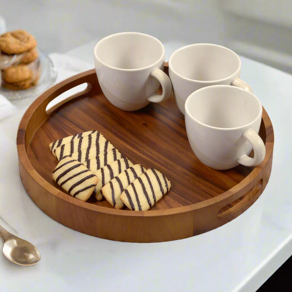 Round Serving Trays - Solid Bottom, 15" - Kalmar Home acacia wood serving tray