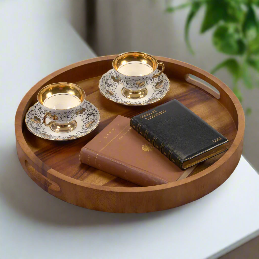 Round Serving Trays - Solid Bottom, 17" - Kalmar Home acacia wood serving tray