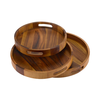 Round Serving Trays - Solid Bottom, set of 3 - 1 each size - Kalmar Home acacia wood serving tray