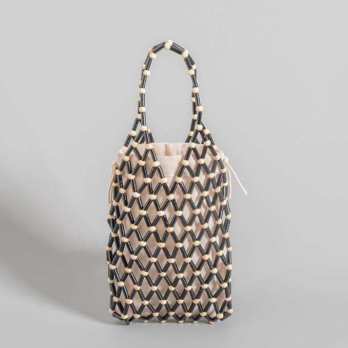 Hand woven bag niche design high end wooden bead bag handmade DIY beaded handbag female summer