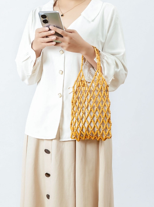 Hand woven bag niche design high end wooden bead bag handmade DIY beaded handbag female summer
