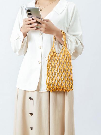 Hand woven bag niche design high end wooden bead bag handmade DIY beaded handbag female summer