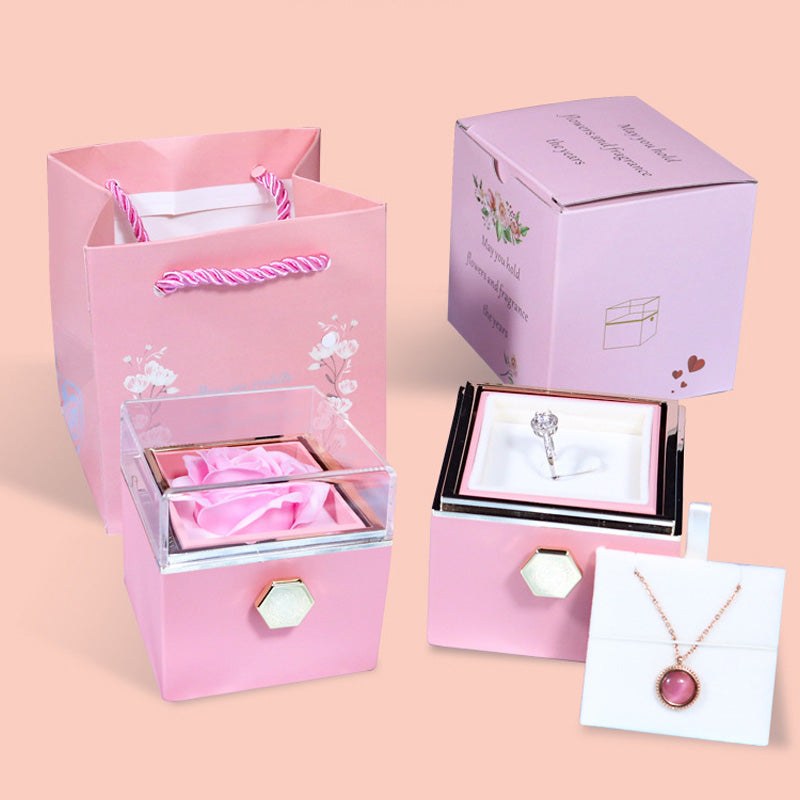 Give a romantic surprise with this creative rotating rose soap-flower gift box, complete with a jewelry compartment—perfect for Valentine’s Day.