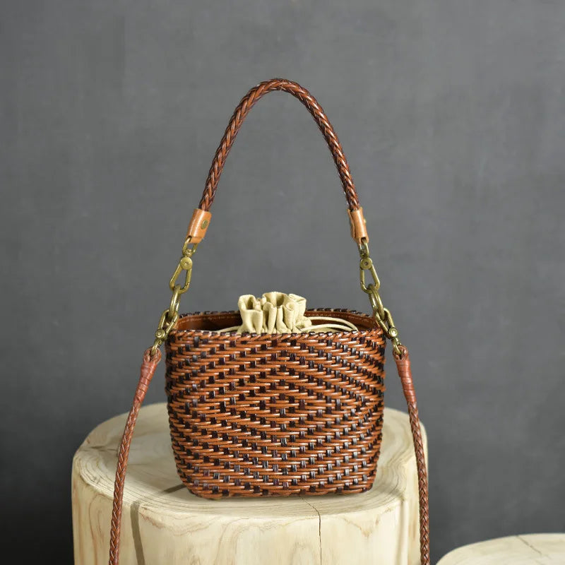 Women's Crossbody Bag Genuine Leather Literature and Art Chinese Style Small Square Bag Retro Handwoven Personalized Women's Bag