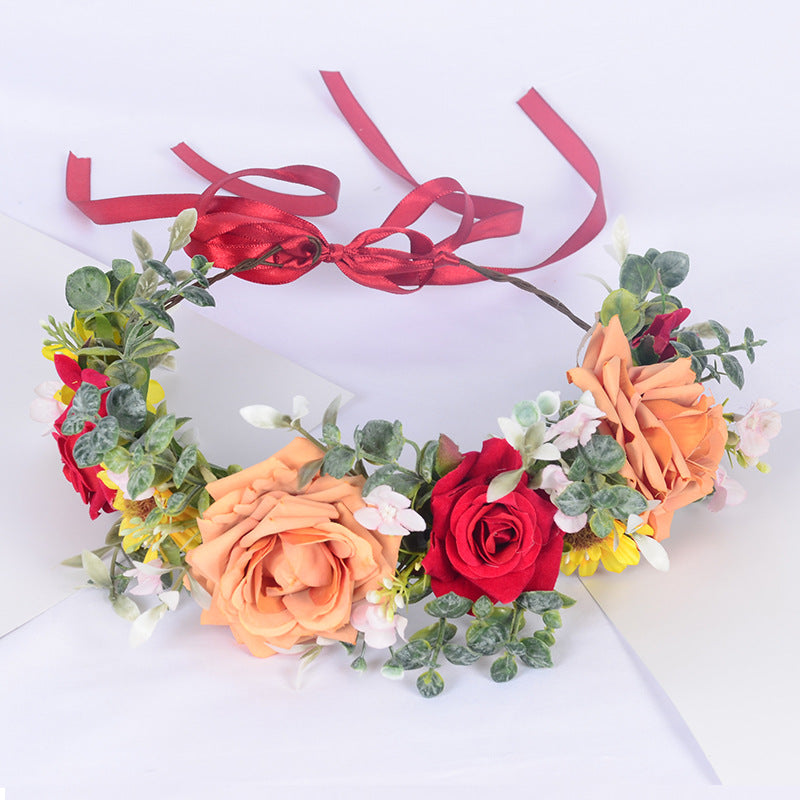 Simulated Rose Hairband Velvet Curled Edge Rose Green Leaf Flower Wreath Bridal Photo Flower Crown