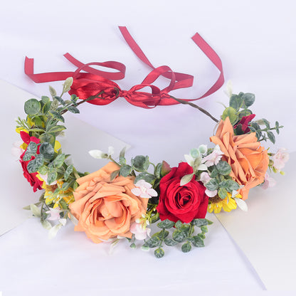 Simulated Rose Hairband Velvet Curled Edge Rose Green Leaf Flower Wreath Bridal Photo Flower Crown