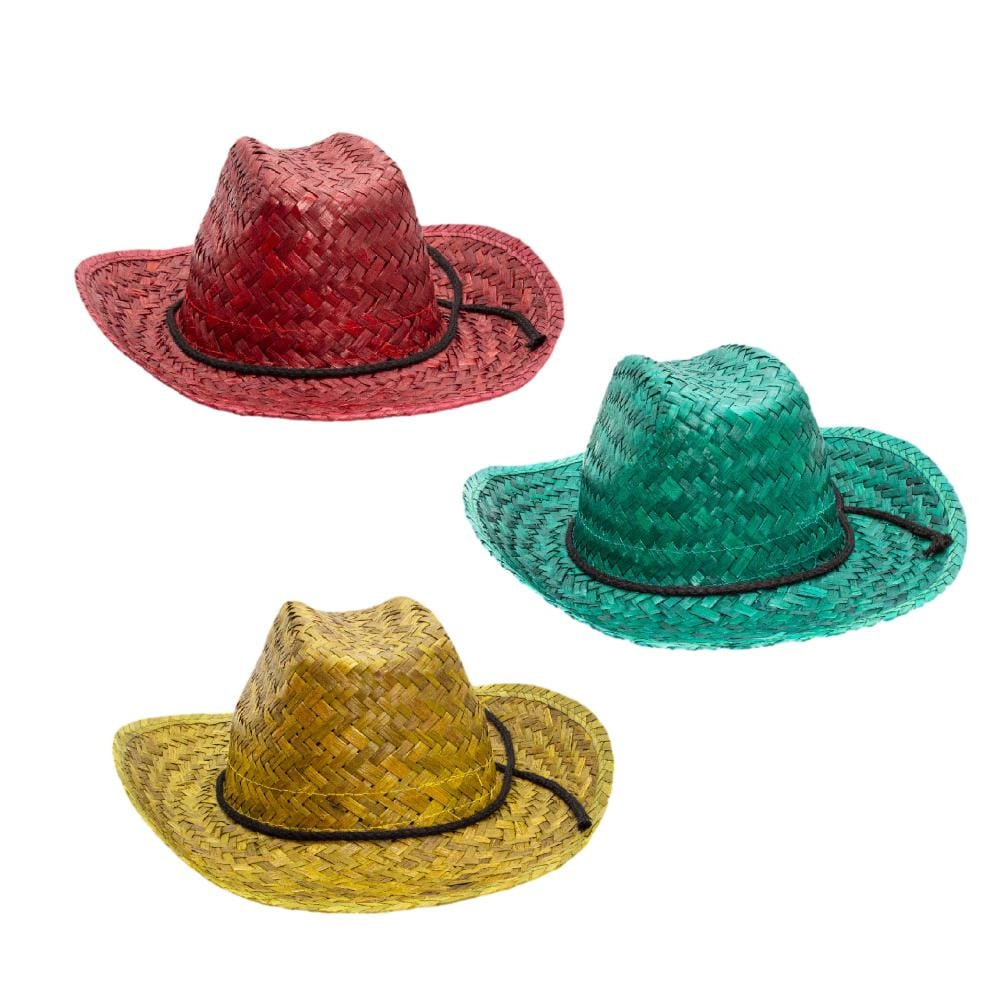 1 Dozen Non Light Up Assorted Red Green Gold Weaved Boho Straw Cowboy Hat with Black Cord