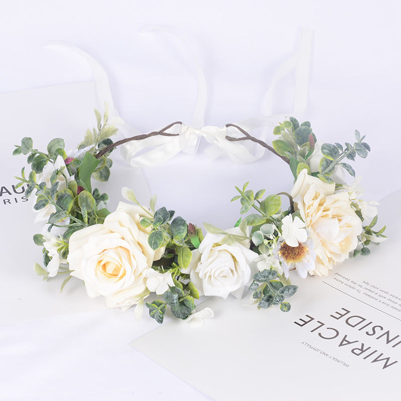 Simulated Rose Hairband Velvet Curled Edge Rose Green Leaf Flower Wreath Bridal Photo Flower Crown