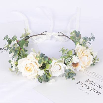 Simulated Rose Hairband Velvet Curled Edge Rose Green Leaf Flower Wreath Bridal Photo Flower Crown