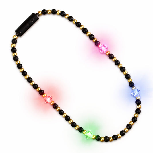Black and Gold Beaded Necklace with 4 Slow Color Change Multicolor LEDs