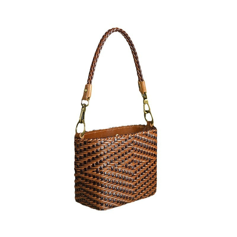 Women's Crossbody Bag Genuine Leather Literature and Art Chinese Style Small Square Bag Retro Handwoven Personalized Women's Bag