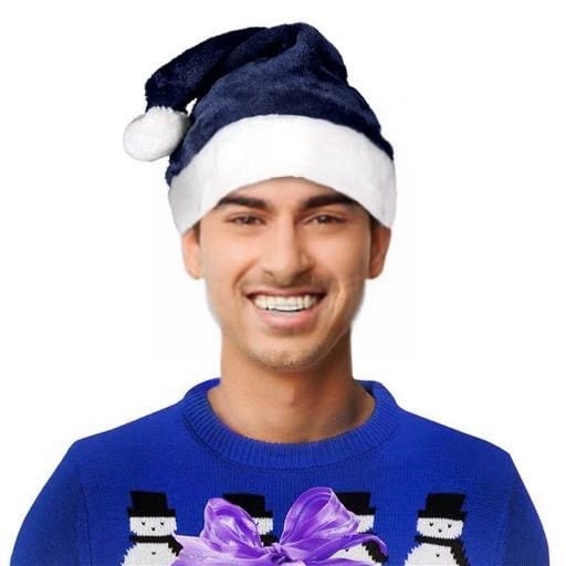 1 pack of 36 Unlit Dark Blue Stylish Fluffy Fur Santa Christmas Plush Hat