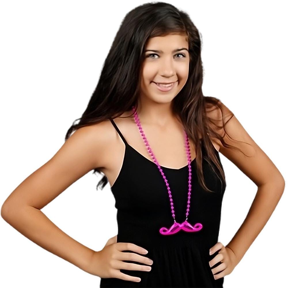 Funky Mustache Beaded Necklace Pink Pack of 12