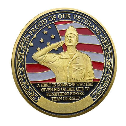 Gold Plated Veterans Tribute Challenge Coin Saluting Soldier and USA Flag Design