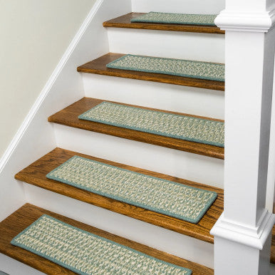 Green Colonial Mills Hayley Tweed Stair Treads. Rectangle wool braided stair treads made in the USA