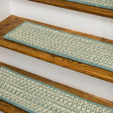 Green Colonial Mills Hayley Tweed Stair Treads. Rectangle wool braided stair treads made in the USA