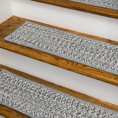 Gray Colonial Mills Hayley Tweed Stair Treads. Rectangle wool braided stair treads made in the USA