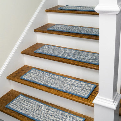 Blue Colonial Mills Hayley Tweed Stair Treads. Rectangle wool braided stair treads made in the USA