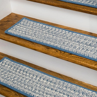 Blue Colonial Mills Hayley Tweed Stair Treads. Rectangle wool braided stair treads made in the USA