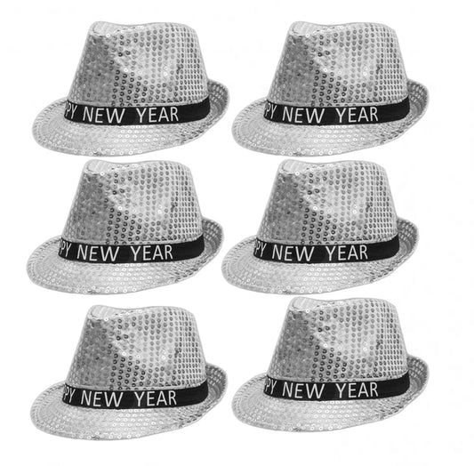 Light Up LED Happy New Year Fedora Silver Pack of 6