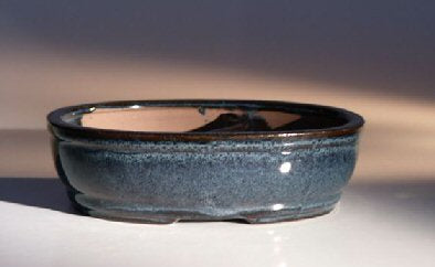 Blue Ceramic Bonsai Pot - Oval   Land/Water Divider   7.75"  x  6.0"  x  2.5"