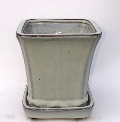 Beige Ceramic Bonsai Pot Square With Attached Humidity / Drip Tray   5.25" x 5.25" x 5.5"