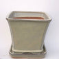 Beige Ceramic Bonsai Pot Square With Attached Humidity / Drip Tray   7.5" x 7.5" x 7.0"