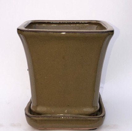 Olive Green Ceramic Bonsai Pot Square With Attached Humidity / Drip Tray   5.25" x 5.25" x 5.5"
