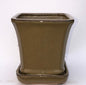 Olive Green Ceramic Bonsai Pot Square With Attached Humidity / Drip Tray   5.25" x 5.25" x 5.5"