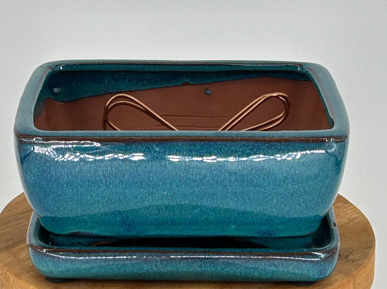 Green Ceramic Bonsai Pot  With Attached Humidity/Drip tray - Professional Series Rectangle  6.37" x 4.75" x 2.625"