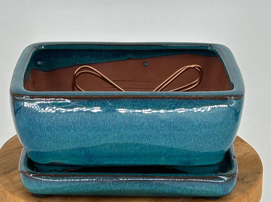Green Ceramic Bonsai Pot  With Attached Humidity/Drip tray - Professional Series Rectangle  6.37" x 4.75" x 2.625"