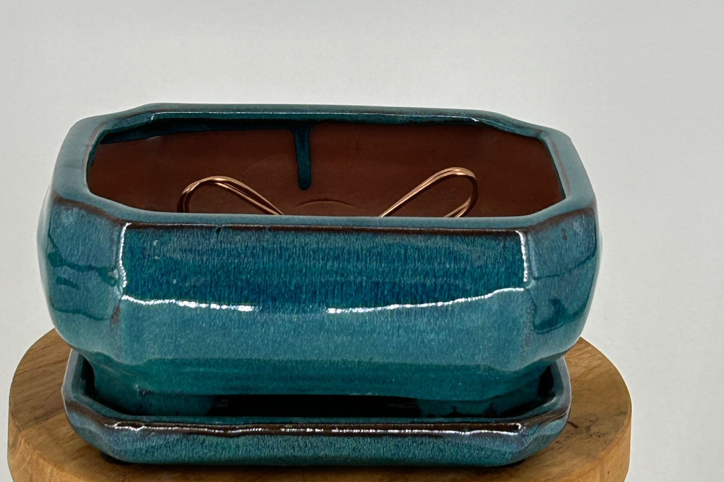 Blue / Green Ceramic Bonsai Pot- Rectangle  Professional Series with Attached Humidity/Drip Tray  6.37" x 4.75" x 2.625