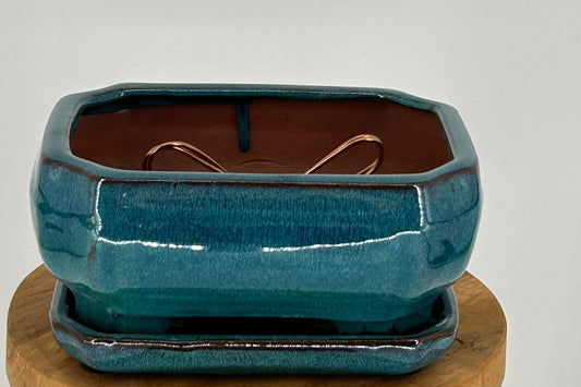 Blue / Green Ceramic Bonsai Pot- Rectangle  Professional Series with Attached Humidity/Drip Tray  6.37" x 4.75" x 2.625