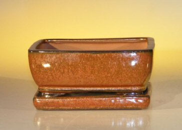 Aztec Orange Ceramic Bonsai Pot - Rectangle  With Attached Humidity/Drip tray  6.37" x 4.75" x 2.625"