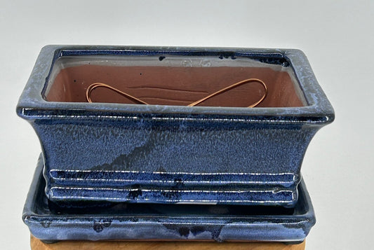 Marble Blue Ceramic Bonsai Pot - Rectangle Professional Series with Attached Humidity/Drip tray  8.25" x 6.25" x 3.75"