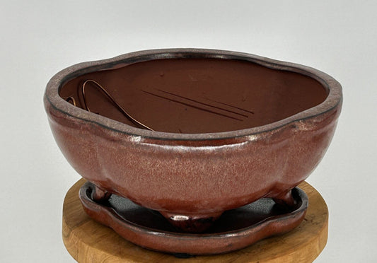 Aztec Orange Ceramic Bonsai Pot - Lotus Shape  Attached Humidity/Drip tray  8.5" x 6.5" x 3.5"