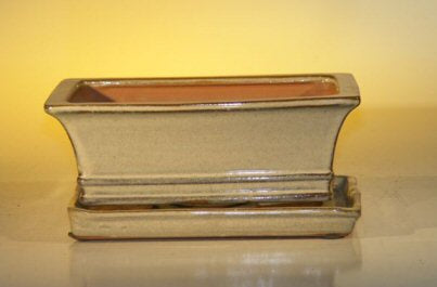 Beige Ceramic Bonsai Pot - Rectangle With Attached Humidity/Drip tray 8.5" x 6.5" x 3.5"
