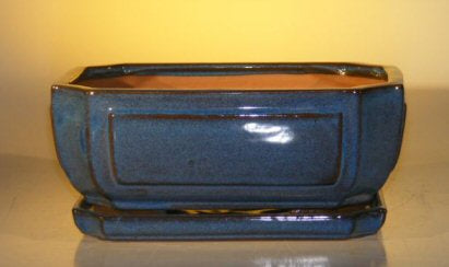 Blue Ceramic Bonsai Pot - Rectangle  Professional Series with Attached Humidity/Drip tray   10.75" x 8.5" x 4.125"