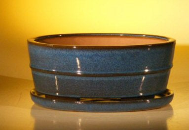 Blue Ceramic Bonsai Pot- Oval  Professional Series with Attached Humidity/Drip tray  10.0" x 7.5" x 4.5"