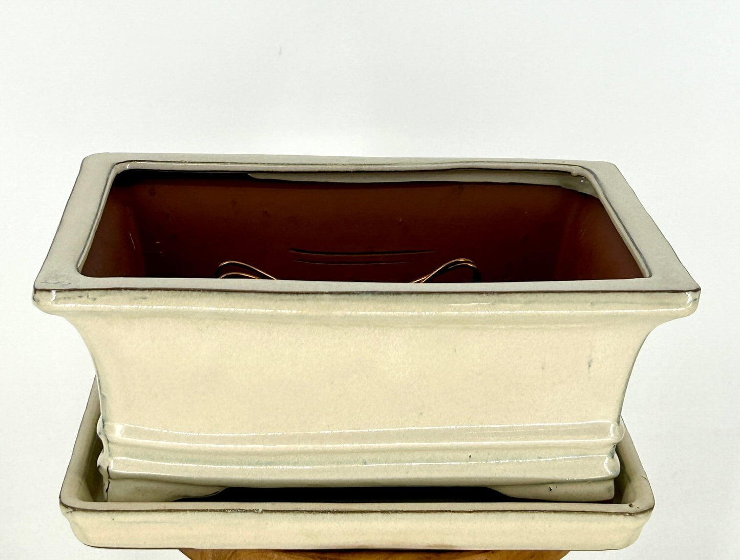 Beige Ceramic Bonsai Pot - Rectangle Professional Series with Attached Humidity/Drip tray  10.5" x 8.25" x 4.75"